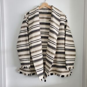 Scotch And Soda Medium Jacket Open Front Cotton Coat Neutral Stripes Boho Fringe